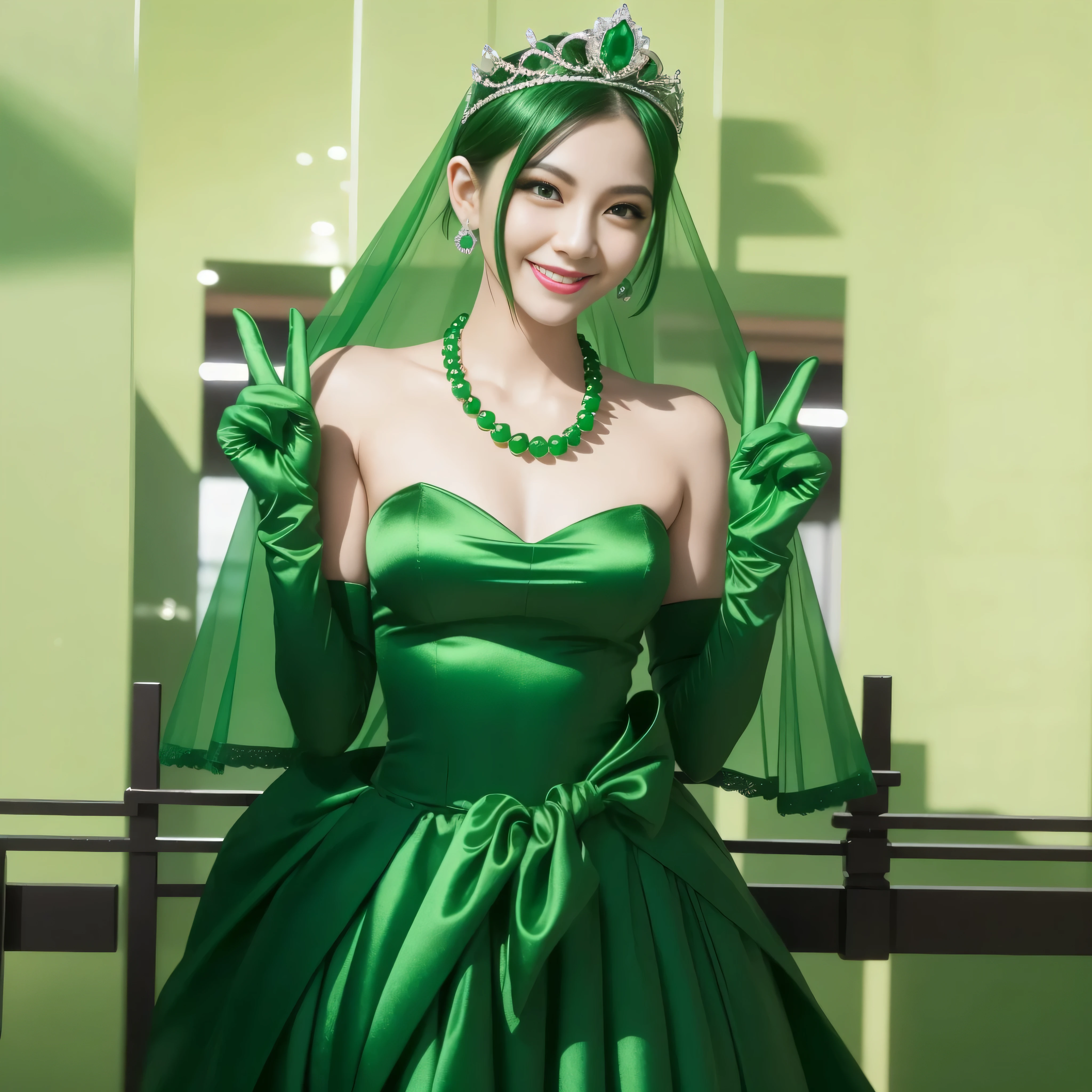 Emerald tiara, Green Pearl Necklace, Boyish very short green hair, lipstick, Smiling Japanese woman, Very short hair, Big and beautiful, Green Eyes, Long green satin gloves, Green Eyes, v sign, Emerald Earrings, Green veil