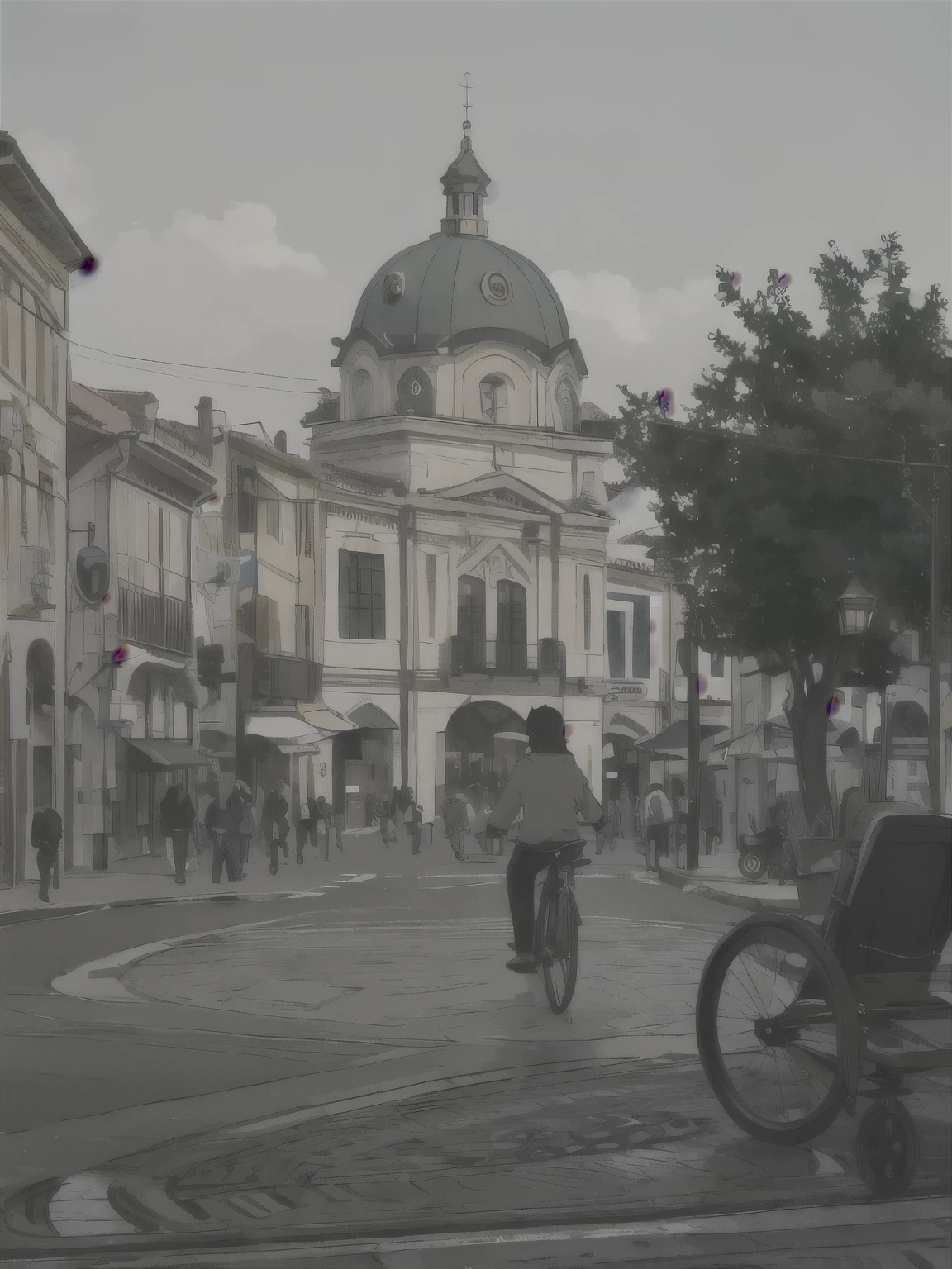 there is a man riding a bicycle in front of a building, on a great neoclassical square, in a city square, in a city with a rich history, Rua da Cidade de Palermo, No meio da cidade, vista das ruas, visto de fora, cercando a cidade, muito muito surreal, parado no centro da cidade,  por Makoto Shinkai, makoto shinkai.