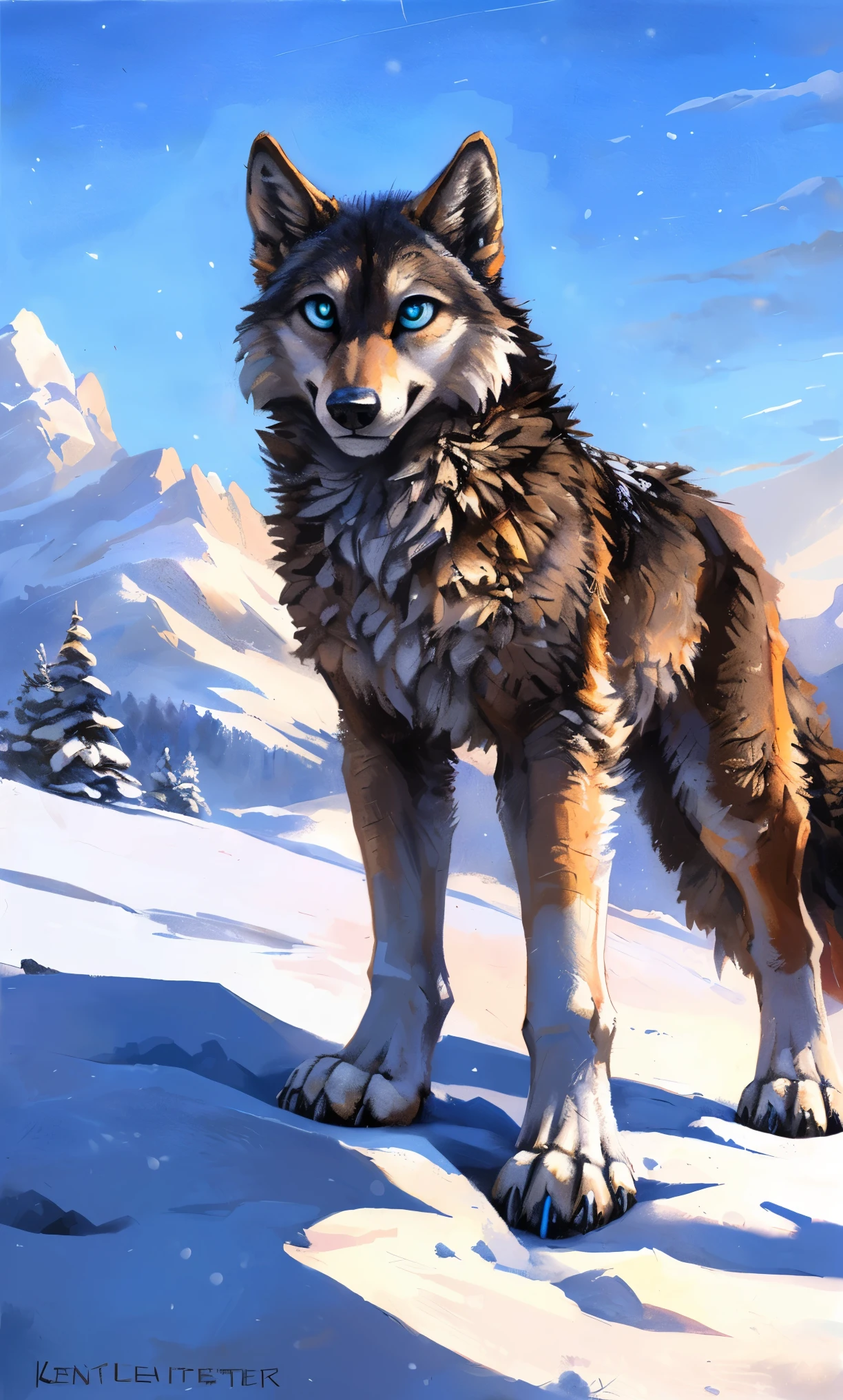 ((Solo)), male people, anthro wolf, (Multi-colored fur, White-brown:1.3,White tail pointed), (Height 2.1m,Tail length 1.2m), ((Wolf face, Big eyes, White eyelids, Blue pupil, Slim:1.2) (Tough, Calm expression:1.2)), Slim, pinging)), (Correct anatomy), (Winter clothing:1.1), The upper body naked, (detailed outfits),A long big tail,Feet,(Realistic fur, Detailed fur texture, labeled:1.3)), (Natural lighting), Photorealistic, Hyperrealistic, ultradetailed, by Kenket,Snowfield,erect through,Running on