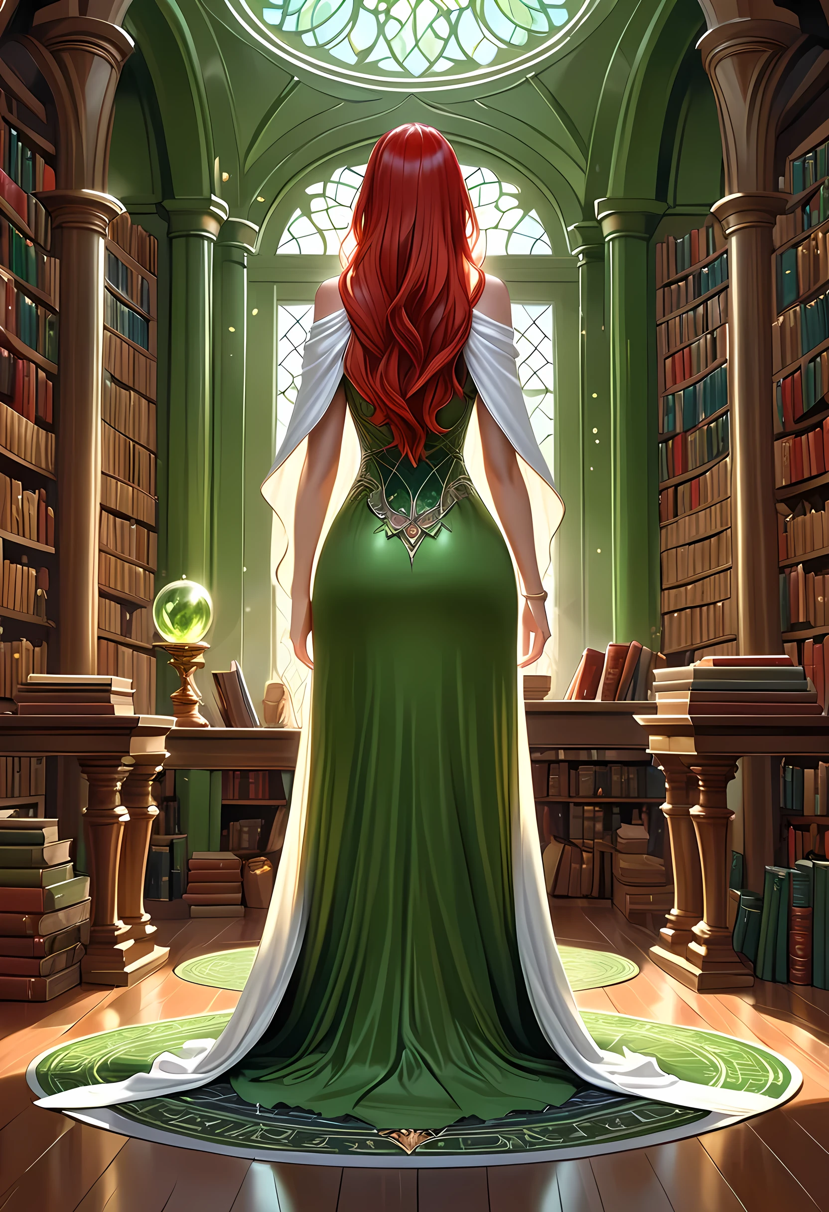 high details, best quality, 16k, [ultra detailed], masterpiece, best quality, (extremely detailed), full body, ultra wide shot, julie bell style (ultra details, Masterpiece, best quality), fantasy art, dnd art,fantasy art, realistic art, a sorceress casting a DruidMagicAI spell in magical library (ultra details, Masterpiece, best quality), exquisite beautiful human woman (ultra details, Masterpiece, best quality), red hair, long hair, (long green dress: 1.2), (white cloak: 1.3), high heeled boots (ultra details, Masterpiece, best quality) DruidMagicAI