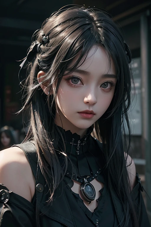 A raven in the shoulder,top-quality、8K、masterpiece:1.3、Gothic punk、Red inner color、A grey dark-haired、hair adornments、a beauty girl、creative、dark fantasy style、Neogos、Goth Fashion:1.2、hight resolution、masterpiece、top-quality、headw:1.3、((Hasselblad photo))、Fine-grained skin、Sharp Focus、(lighting like a movie)、Realistic texture hair, 1 black raiven and 1 girl