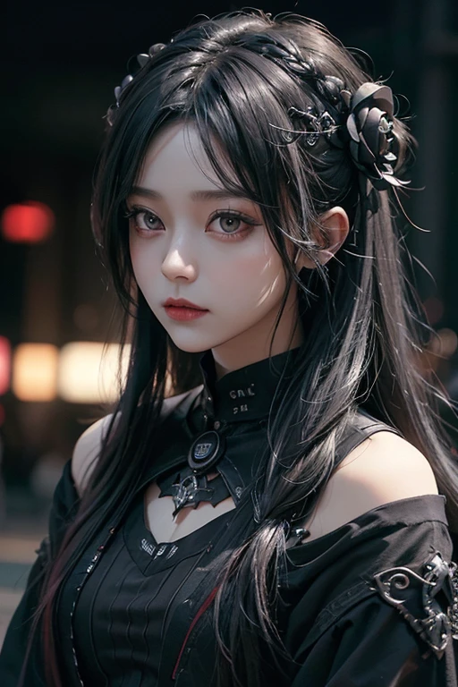 A raven in the shoulder,top-quality、8K、​masterpiece：1.3、Gothic punk、Red inner color、A grey dark-haired、hair adornments、a beauty girl、creative、dark fantasy style、Neogos、Goth Fashion：1.2、hight resolution、​masterpiece、top-quality、headw:1.3、((Hasselblad photo))、Fine-grained skin、Sharp Focus、(lighting like a movie)、Realistic texture hair,  1 black raiven and 1 girl