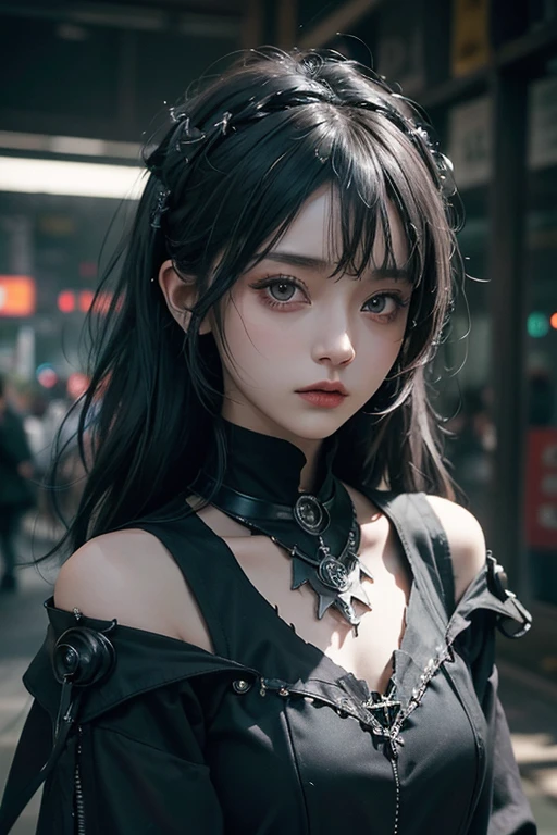 A raven in the shoulder,top-quality、8K、​masterpiece：1.3、Gothic punk、Red inner color、A grey dark-haired、hair adornments、a beauty girl、creative、dark fantasy style、Neogos、Goth Fashion：1.2、hight resolution、​masterpiece、top-quality、headw:1.3、((Hasselblad photo))、Fine-grained skin、Sharp Focus、(lighting like a movie)、Realistic texture hair,  1 black raiven and 1 girl