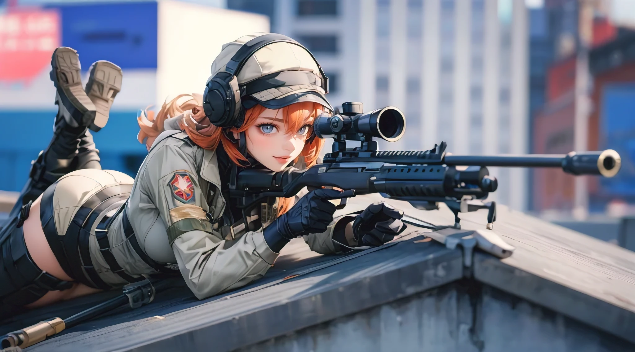 A stunningly detailed and photorealistic anime scene featuring a beautiful, busty woman in a paramilitary outfit, playing the role of a skilled sniper. She is lying prone on the roof of a building, expertly concealed, and utilizing her modern, semi-futuristic sniper rifle to acquire her target. Her intense focus is evident as she peers through the scope, her eyes locked onto the target. The background showcases a bustling city, with a mix of modern architecture and futuristic elements., anime