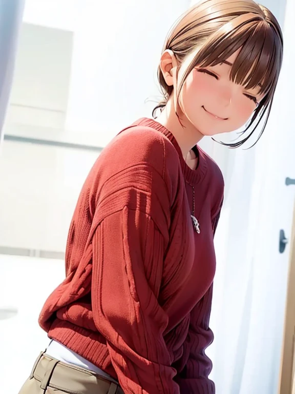High resolution,In 8K,highest quality,detailed,Semi-realistic anime,Anime 3D Style,Smooth anime CG,One Girl,19-year-old woman in Japan,slim,Modeled,Shiny brown hair,Shortcuts,detailedな顔,Beautiful and detailed,Glowing Skin,Dark red knitwear,straggling hair,Angelic hairstyle,(Small breasts),((close your eyes)),((Mouth slightly open)),((Smile))