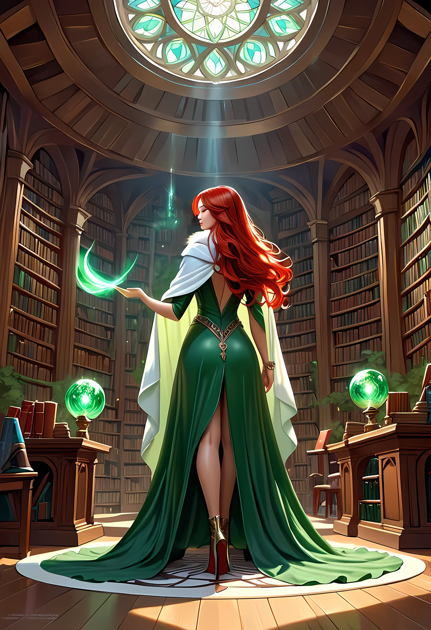 high details, best quality, 16k, [ultra detailed], masterpiece, best quality, (extremely detailed), full body, ultra wide shot, julie bell style (ultra details, Masterpiece, best quality), fantasy art, dnd art,fantasy art, realistic art, a sorceress casting a DruidMagicAI spell in magical library (ultra details, Masterpiece, best quality), exquisite beautiful human woman (ultra details, Masterpiece, best quality), red hair, long hair, (long green dress: 1.2), (white cloak: 1.3), high heeled boots (ultra details, Masterpiece, best quality) DruidMagicAI