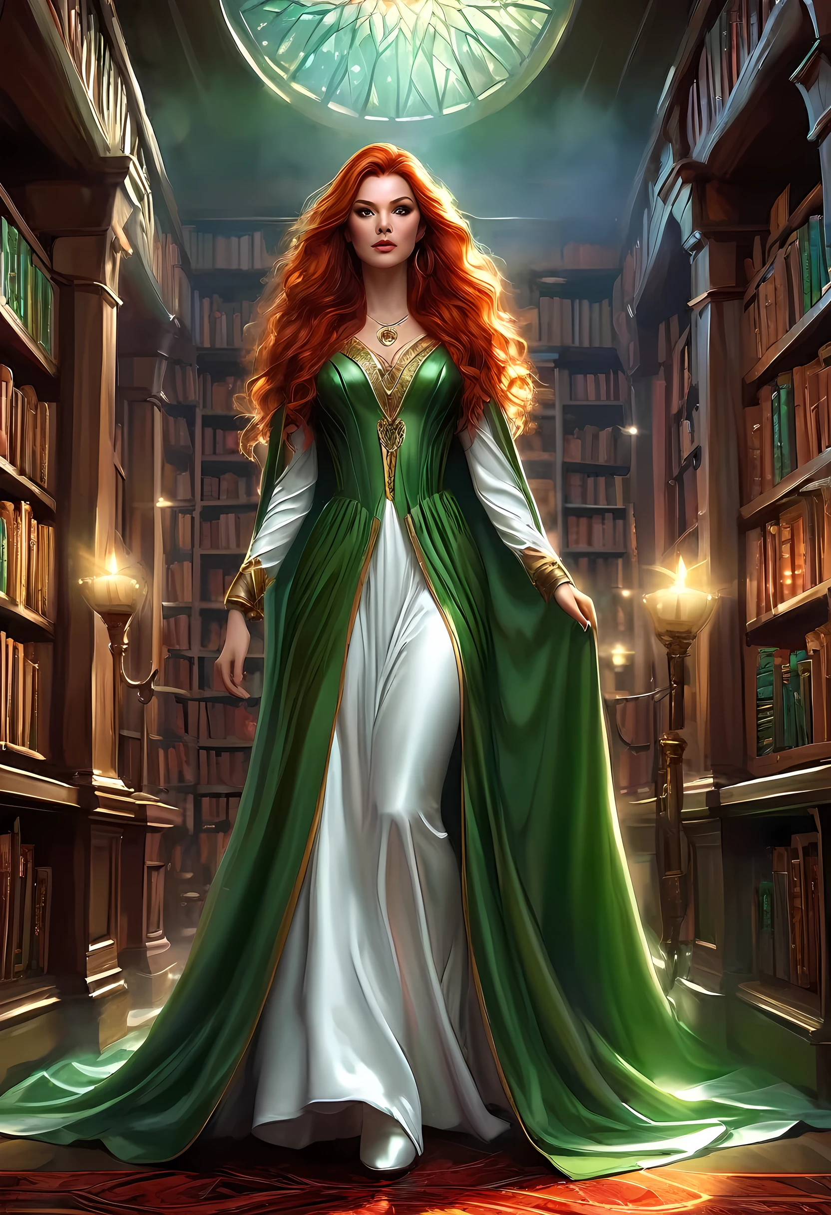 high details, best quality, 16k, [ultra detailed], masterpiece, best quality, (extremely detailed), full body, ultra wide shot, julie bell style (ultra details, Masterpiece, best quality), fantasy art, dnd art,fantasy art, realistic art, a sorceress casting a DruidMagicAI spell in magical library (ultra details, Masterpiece, best quality), exquisite beautiful human woman (ultra details, Masterpiece, best quality), red hair, long hair, (long green dress: 1.2), (white cloak: 1.3), high heeled boots (ultra details, Masterpiece, best quality) DruidMagicAI