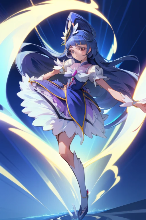 (extremely detailed CG:1.2), (masterpiece:1.2), (best quality:1.2),,((absurdres)),looking at viewer,full body, ,(1girl),solo,(long hair),(pretty cure dress),(white shirt short sleeves pretty cure),(navy_blue pleated skirt),(short skirt),dynamic angle,standing,dynamic pose,((Delicate facial features)),