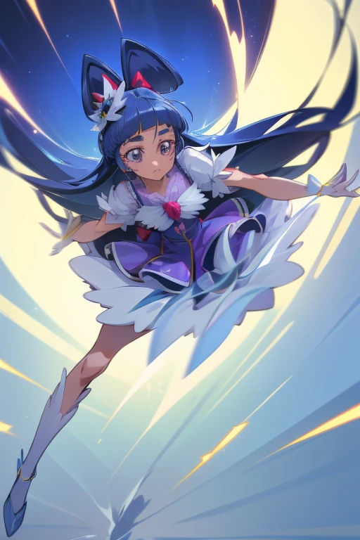 (extremely detailed CG:1.2), (masterpiece:1.2), (best quality:1.2),,((absurdres)),looking at viewer,full body, ,(1girl),solo,(long hair),(pretty cure dress),(white shirt short sleeves pretty cure),(navy_blue pleated skirt),(short skirt),dynamic angle,standing,dynamic pose,((Delicate facial features)),