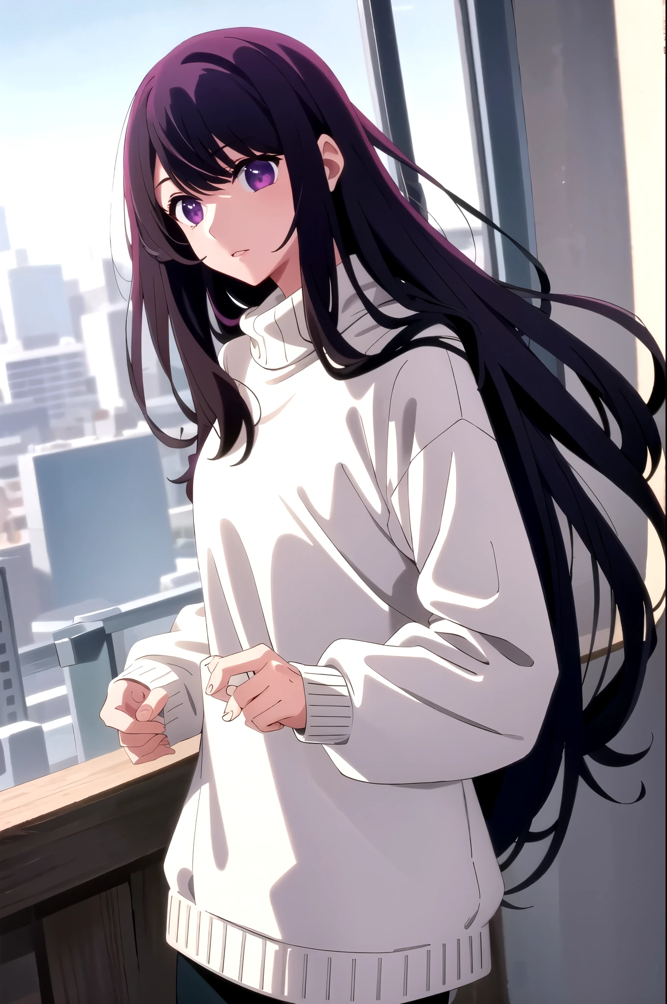 Girl, long dark brown hair, purple eyes, sharp features, white skin, pink lips, calm, sweater