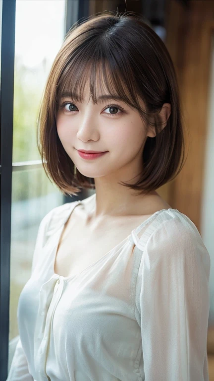 (highest quality,masterpiece:1.3,Ultra-high resolution),(Very detailed,Caustics,8k),(Realistic:1.4,RAW shooting),Japanese,28 years old,cute,I'm looking at the camera with a smile on my face,（Silver Hair,short hair）,Duck mouth,Natural Makeup,big ,See-through，Plain open front sheer blouse、Elegant 3/4 sleeve cover up blouse ，夏用レース トップス レディース 半袖 スタンドカラー See-through，Bust up shot,Warm Light,Natural light,Professional Writing