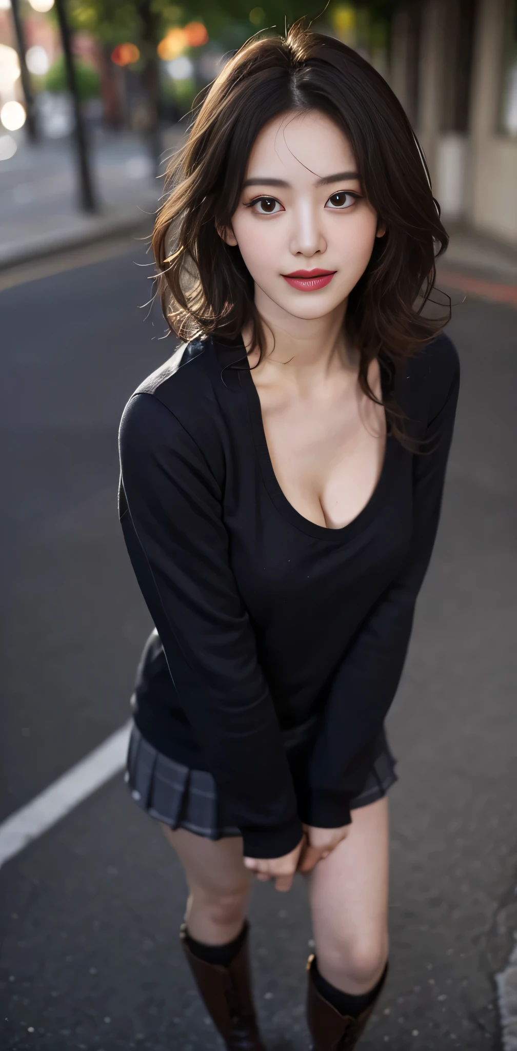 RAW photo, bokeh, (Lifelike face), smiled slightly, best quality, Top image quality, High resolution, HDR, (photorealistic:1.5), brown and curly and messy hair, very detailed face, beautiful eyes, [chubby], adorable, full body portrait, Close-up, sharp outline, romantic, cold beauty, stylish, fashion, uniform, t-shirt, delicate face, brown hair fluttering in the wind, 20-year-old girl, slim figure, small bust, sexy, plump breasts, cleavage of the breast, charisma, glamorous, standing tall.