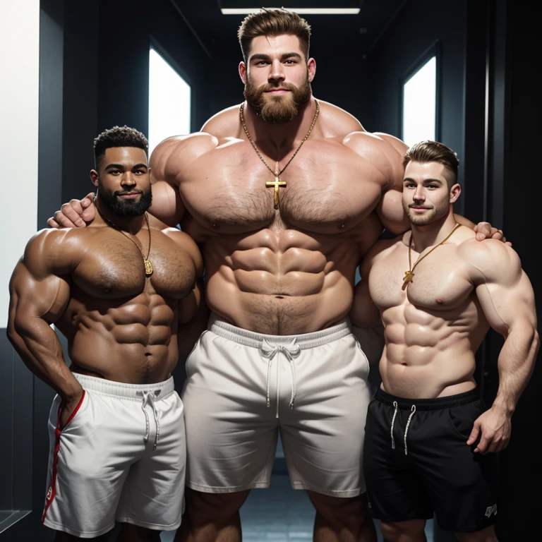 Whole body image of an smiling Absolute gorilla of a Caucasian bodybuilder, very pale skin, is flexing his huge bicep muscles and meaty thighs. Huge huge shoulders and very narrow waist. he is as broad as he is tall. 20 years old. Ice-Blond, very close cropped beard, powerfully muscled, massive shoulders and biceps. well-defined six pack. Exceptionally thick gold cross necklace. Big bulge in his shorts. He has his two caucasian 20-year old friends standing beside him in headlocks