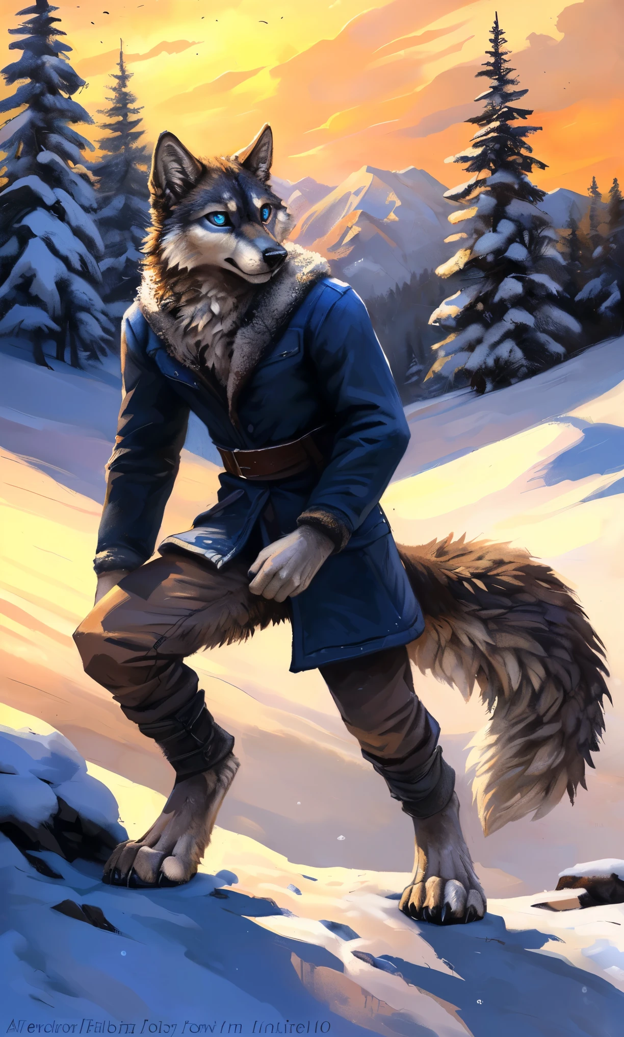 ((Solo)), male people, anthro wolf, (Multi-colored fur, White-brown:1.3,White tail pointed), (Height 2.1m,Tail length 1.2m), ((Wolf face, Big eyes, White eyelids, Blue pupil, Slim:1.2) (Tough, Calm expression:1.2)), Slim, pinging)), (Correct anatomy), (Winter clothing:1.1), The upper body naked, (detailed outfits),A long big tail,Feet,(Realistic fur, Detailed fur texture, labeled:1.3)), (Natural lighting), Photorealistic, Hyperrealistic, ultradetailed, by Kenket,Snowfield,erect through,Running on