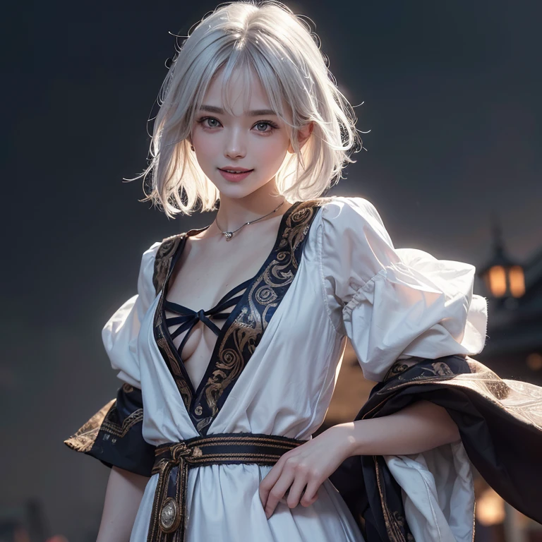 Dark ambiance,old European townde in the background、white wolf、 ((highest quality、masterpiece、8k、best image quality、ultra high resolution、Award-winning work)、(accurate anatomy:1.1)、(look at me and smile:1.1)、Shining fair skin with ultra high resolution、most detailed face、ultra high resolution detailed face、white short hair flowing 、Beautiful face drawn in every detail、(blurred background:1.1)、traditional Georgia man costume, tiny breast, real wolf beside the girl 