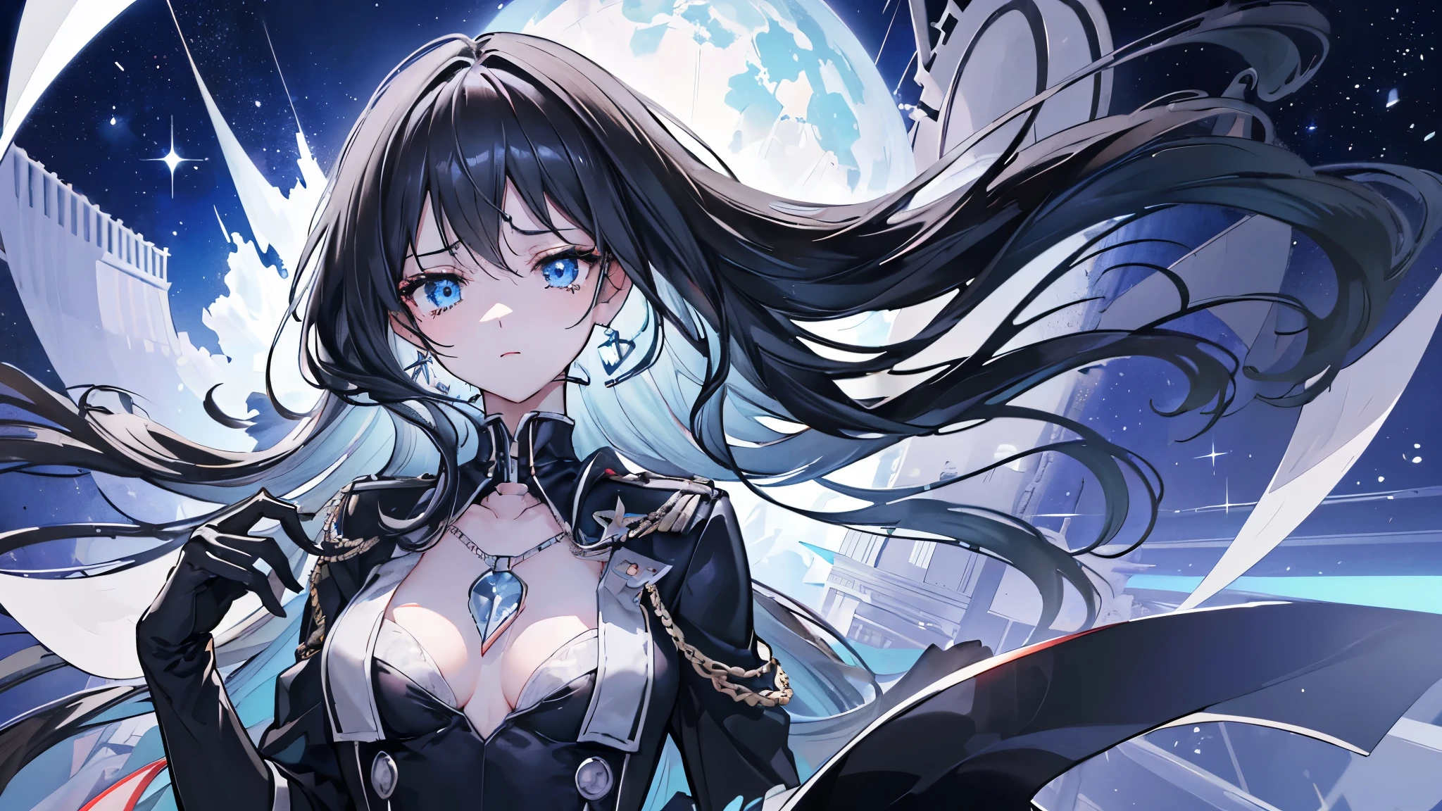 ((high resolution Black Hair Long Hair Dull blue eyes uniform Lonely despair)) ((chest necklace Tears gloves)) (New York at Night Distorted Space-Time star moon) Catch the wind Light