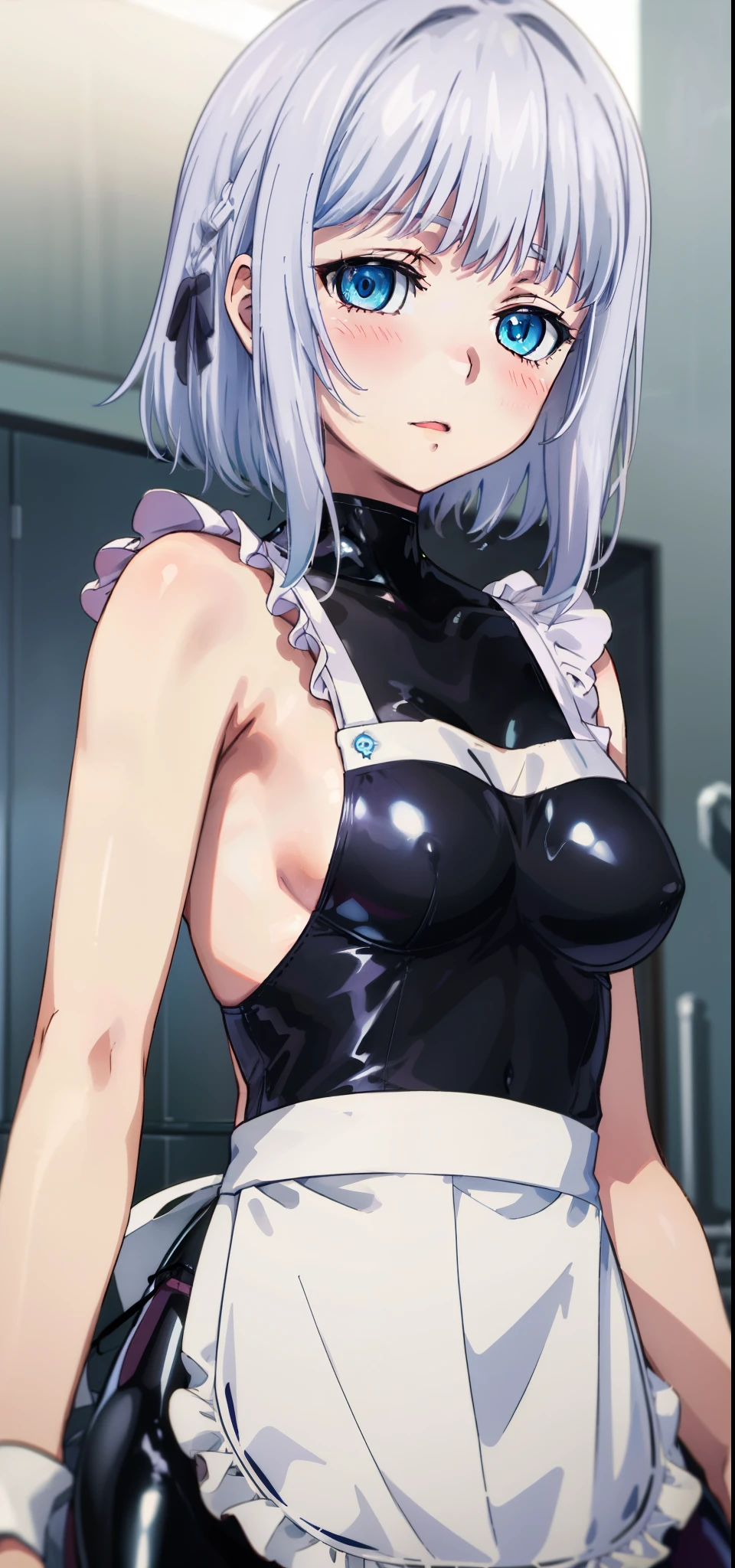 1 girl, kanon kanase, blush, medium breasts, sleeveless,((upper_body, latex apron)), 20-year-old, healthy skin.