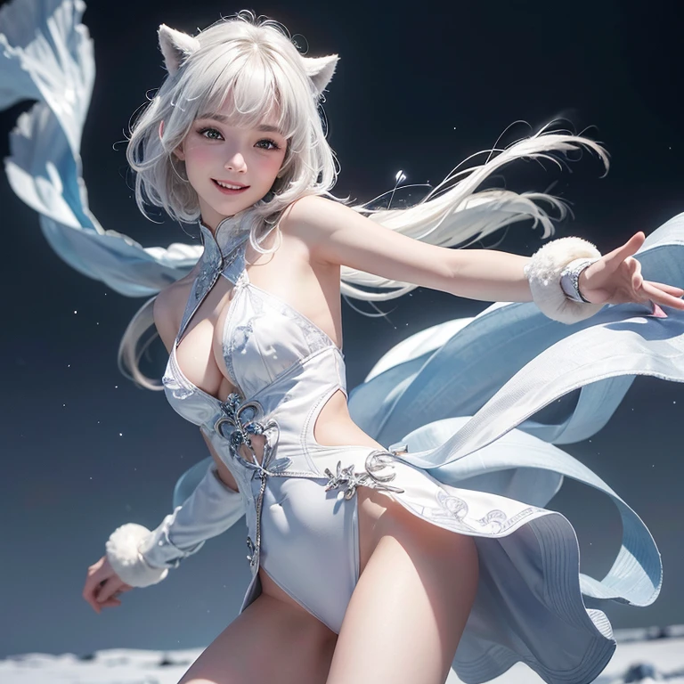 snowing mountain、dance wirh wolf head man、 ((highest quality、masterpiece、8k、best image quality、ultra high resolution、Award-winning work)、(accurate anatomy:1.1)、(look at me and smile:1.1)、Shining fair skin with ultra high resolution、most detailed face、ultra high resolution detailed face、white short hair flowing 、Beautiful face drawn in every detail、(blurred background:1.1)、 Inuit fur clothing, tiny breast,