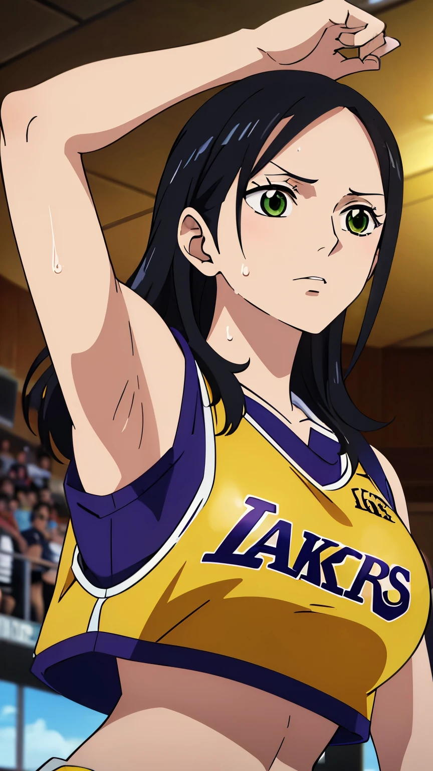 (highest quality, 8k, High resolution, masterpiece:1.2),Super detailed,Anime art style,Fine details,Dynamic Angle,Close-up of a person in a basketball uniform, inspired by Kentaro Miura,Nico Robin, Wearing a yellow NBA jersey, yellow Crop top nba jersey, wearing a low cut Crop top, wearing Crop top, Crop top, words "Lakers" on the Crop top, Golden Light, big, skin, sweating, Big Breasts, Hands raised, Underarm, Underarm visible, Sweat dripping, Sweat more,
