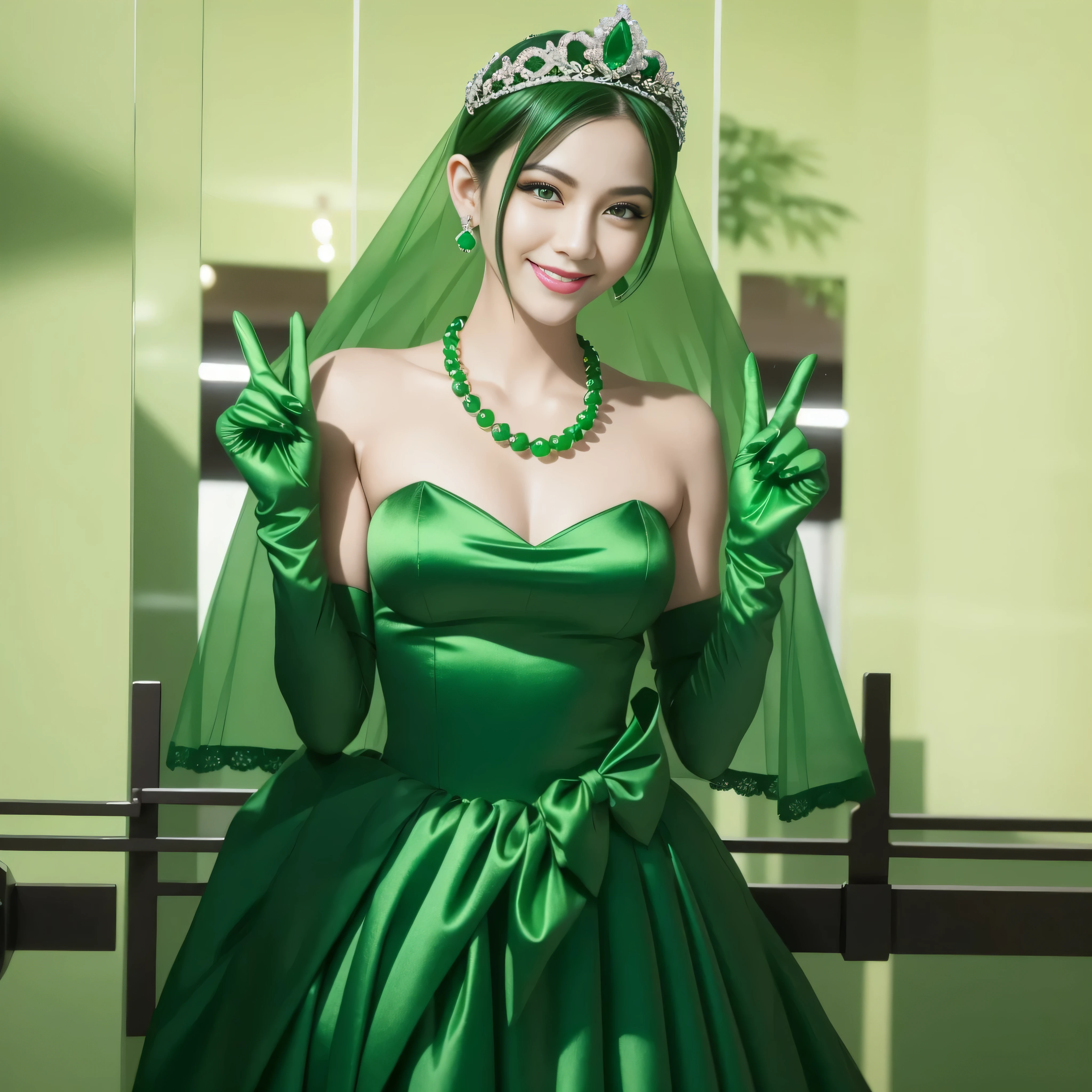 Emerald tiara, Green Pearl Necklace, Boyish very short green hair, lipstick, Smiling Japanese woman, Very short hair, Big and beautiful, Green Eyes, Long green satin gloves, Green Eyes, v sign, Emerald Earrings, Green veil