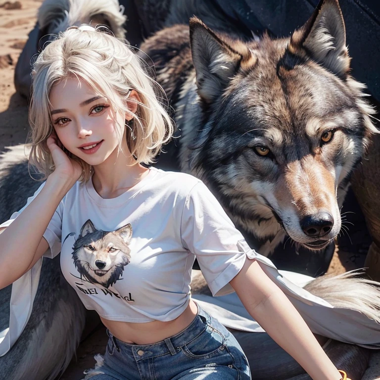 Desert, windy weather, dance with wolf head man、 ((highest quality、masterpiece、8k、best image quality、ultra high resolution、Award-winning work)、(accurate anatomy:1.1)、(look at me and smile:1.1)、Shining fair skin with ultra high resolution、most detailed face、ultra high resolution detailed face、white short hair flowing 、Beautiful face drawn in every details,T shirt and shorts, modest breast , real wolf beside the girl