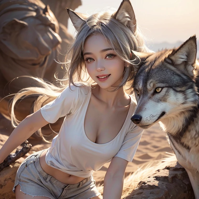 Desert, windy weather, dance with wolf head man、 ((highest quality、masterpiece、8k、best image quality、ultra high resolution、Award-winning work)、(accurate anatomy:1.1)、(look at me and smile:1.1)、Shining fair skin with ultra high resolution、most detailed face、ultra high resolution detailed face、white short hair flowing 、Beautiful face drawn in every details,T shirt and shorts, modest breast , real wolf beside the girl 