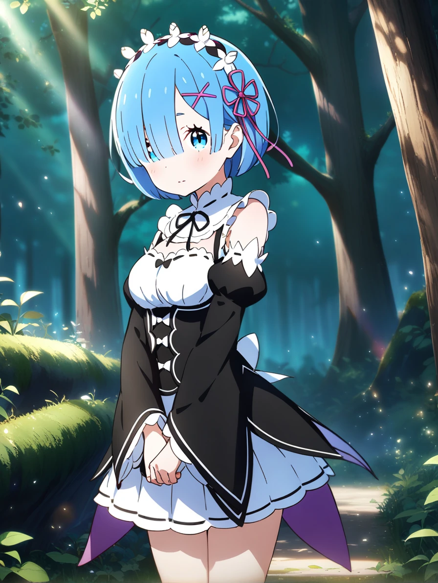 1girl, rem \(re:zero\), re:zero kara hajimeru isekai seikatsu, in the forest, closed mouth, looking at viewer, key visual, highly detailed, masterpiece, best quality, very aesthetic, absurdres