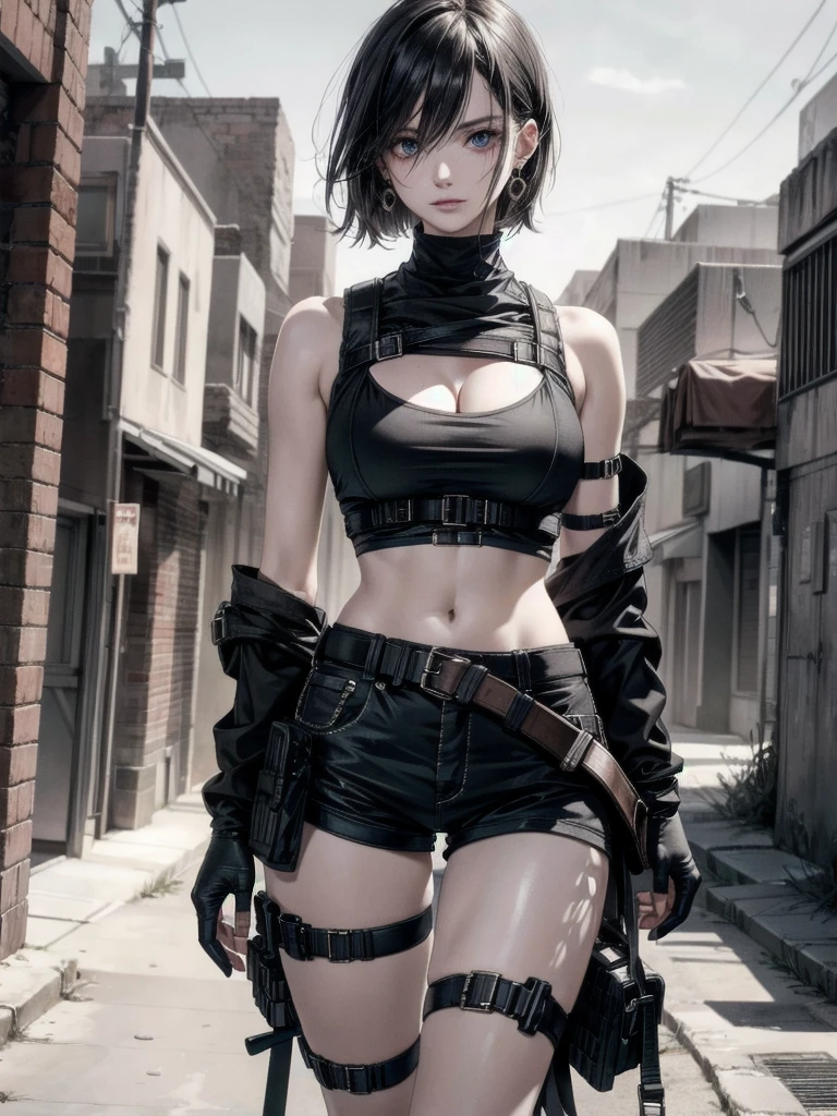 whole body, gunman attire, post apocalyptic desert city, absurdres, RAW photo, extremely delicate and beautiful, masterpiece, Best Quality, ultra high resolution, 32k, hyperrealistic, ultra-detailed, detailed description, pale skin, 20 years old, detailed beautiful face and eyes, tearful mole, earring, Colossal tits, short medium hair, wavy hair, midriff, shorts,