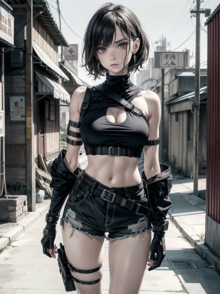 whole body, gunman attire, post apocalyptic desert city, absurdres, RAW photo, extremely delicate and beautiful, masterpiece, Best Quality, ultra high resolution, 32k, hyperrealistic, ultra-detailed, detailed description, pale skin, 20 years old, detailed beautiful face and eyes, tearful mole, earring, Colossal tits, short medium hair, wavy hair, midriff, shorts,