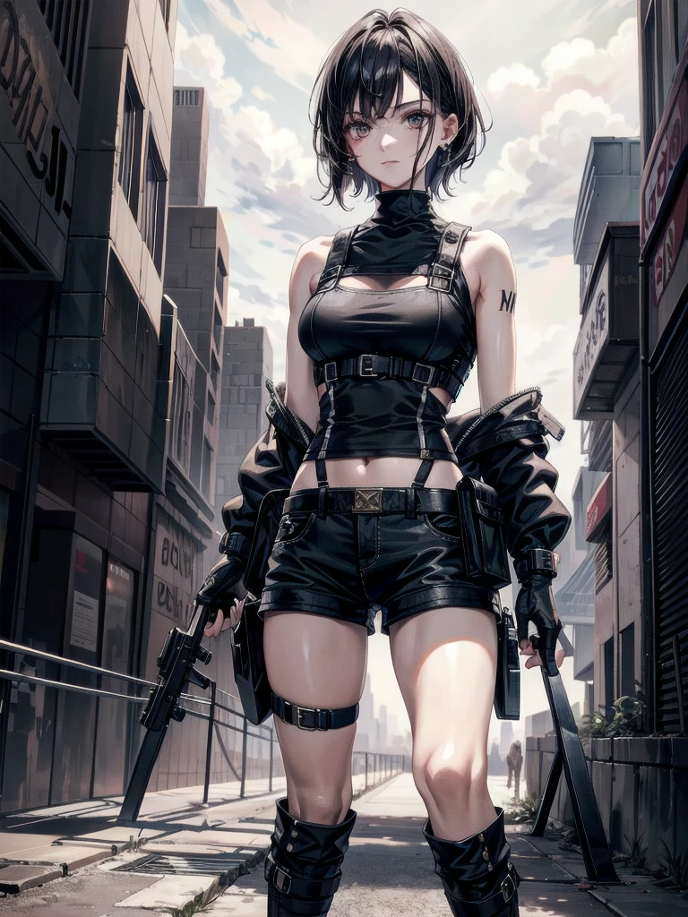 whole body, gunman attire, post apocalyptic desert city, absurdres, RAW photo, extremely delicate and beautiful, masterpiece, Best Quality, ultra high resolution, 32k, hyperrealistic, ultra-detailed, detailed description, pale skin, 20 years old, detailed beautiful face and eyes, tearful mole, earring, Colossal tits, short medium hair, wavy hair, midriff, shorts,