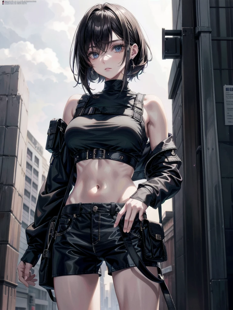 whole body, gunman attire, post apocalyptic desert city, absurdres, RAW photo, extremely delicate and beautiful, masterpiece, Best Quality, ultra high resolution, 32k, hyperrealistic, ultra-detailed, detailed description, pale skin, 20 years old, detailed beautiful face and eyes, tearful mole, earring, Colossal tits, short medium hair, wavy hair, midriff, shorts,