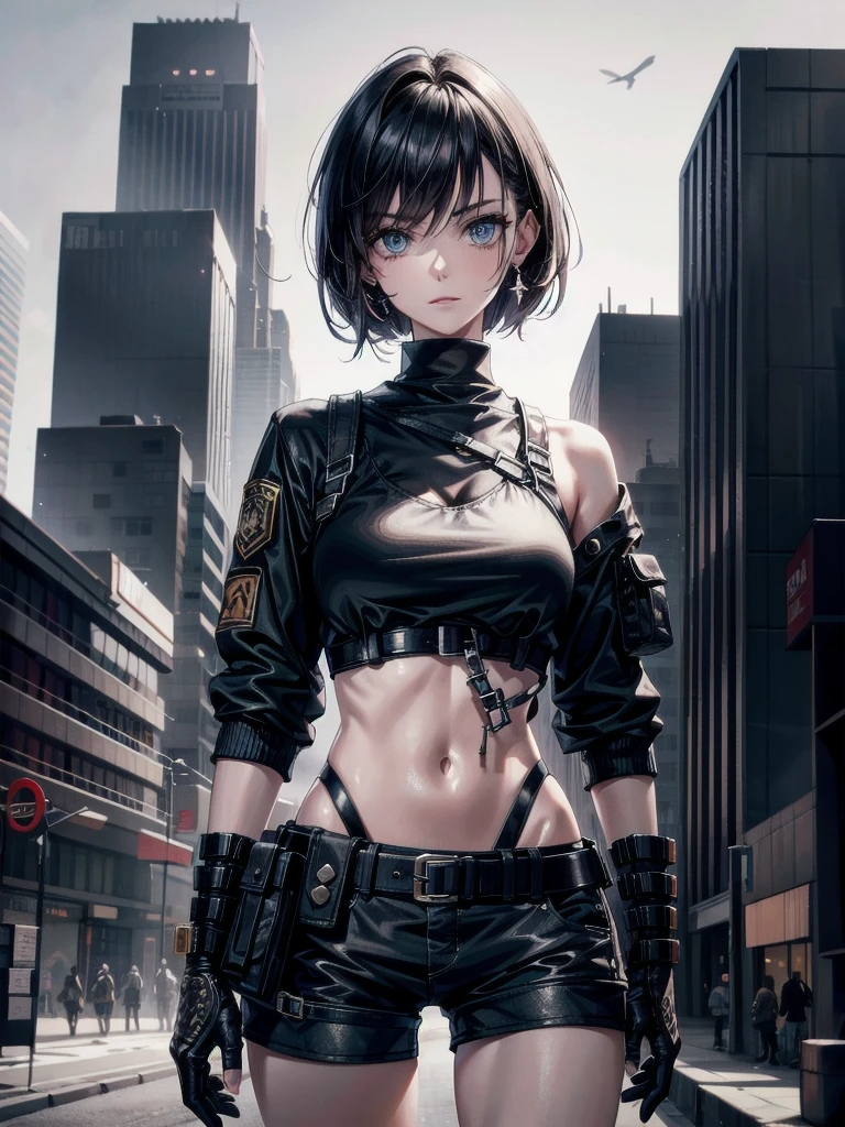 whole body, gunman attire, post apocalyptic desert city, absurdres, RAW photo, extremely delicate and beautiful, masterpiece, Best Quality, ultra high resolution, 32k, hyperrealistic, ultra-detailed, detailed description, pale skin, 20 years old, detailed beautiful face and eyes, tearful mole, earring, Colossal tits, short medium hair, wavy hair, midriff, shorts,