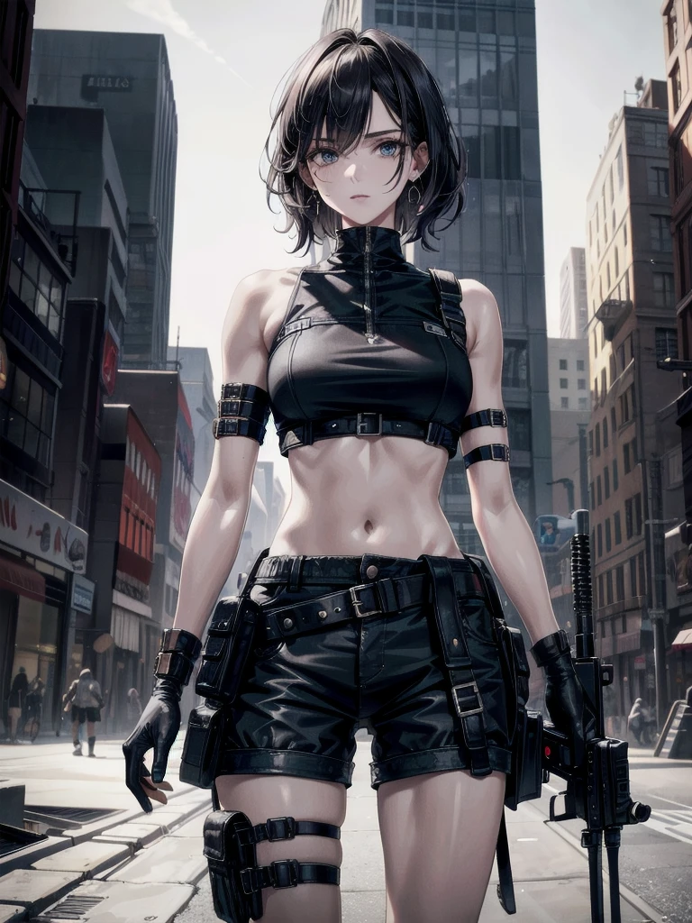 whole body, man attire, post apocalyptic desert city, absurdres, RAW photo, extremely delicate and beautiful, masterpiece, Best Quality, ultra high resolution, 32k, hyperrealistic, ultra-detailed, detailed description, pale skin, 20 years old, detailed beautiful face and eyes, tearful mole, earring, Colossal tithort medium hair, wavy hair, midriff, shorts,