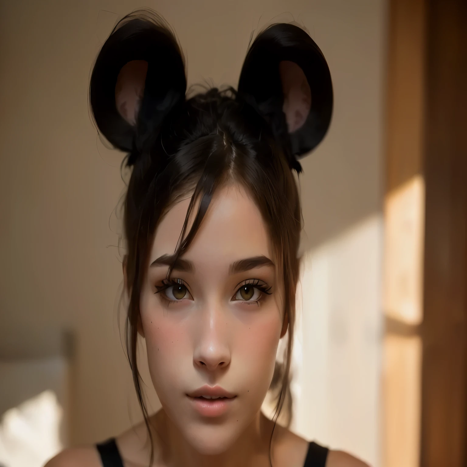 there is a young woman with ears that are wearing black, girl with cat ears, cat ears on her head, mouse ears, cute ears, cat ears, woman with cat ears, animal ears, fake cat ears, beautiful mouse - girl, beautiful young catgirl, portrait sophie mudd, black ears, black hair black cat ears, round ears