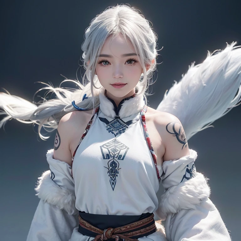 snow mountain、 ((highest quality、masterpiece、8k、best image quality、ultra high resolution、Award-winning work)、(accurate anatomy:1.1)、(look at me and smile:1.1)、Shining fair skin with ultra high resolution、most detailed face、ultra high resolution detailed face、white short hair blowing 、(ultra high resolutionの煌めく瞳:1.1)、Beautiful face drawn in every detail、(blurred background:1.1)、warm Inuit clothing, tattoo, real wolfs beside:1.5
