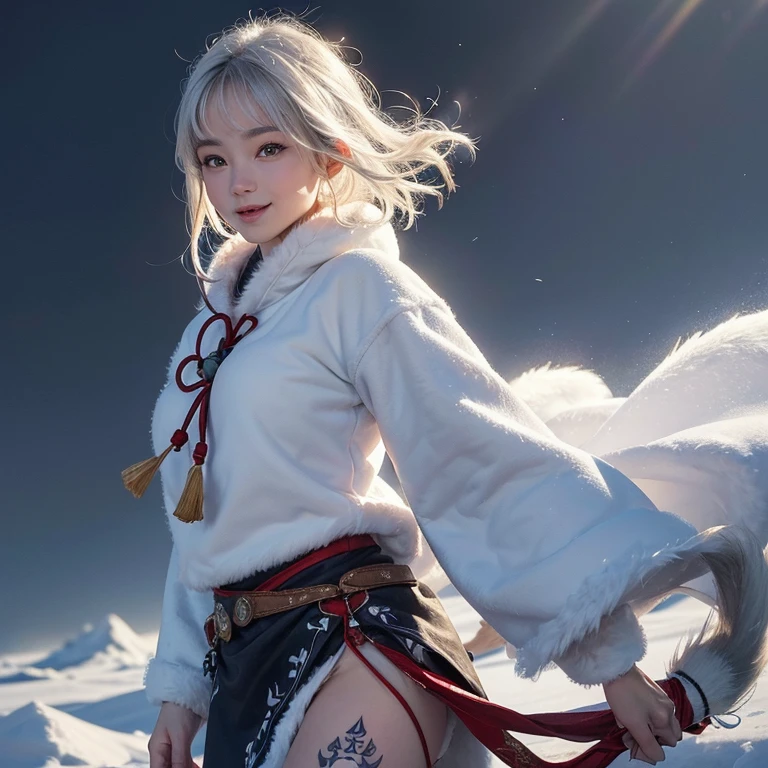 snow mountain、 ((highest quality、masterpiece、8k、best image quality、ultra high resolution、Award-winning work)、(accurate anatomy:1.1)、(look at me and smile:1.1)、Shining fair skin with ultra high resolution、most detailed face、ultra high resolution detailed face、white short hair blowing 、(ultra high resolutionの煌めく瞳:1.1)、Beautiful face drawn in every detail、(blurred background:1.1)、warm Inuit clothing, tattoo, real wolfs beside:1.5