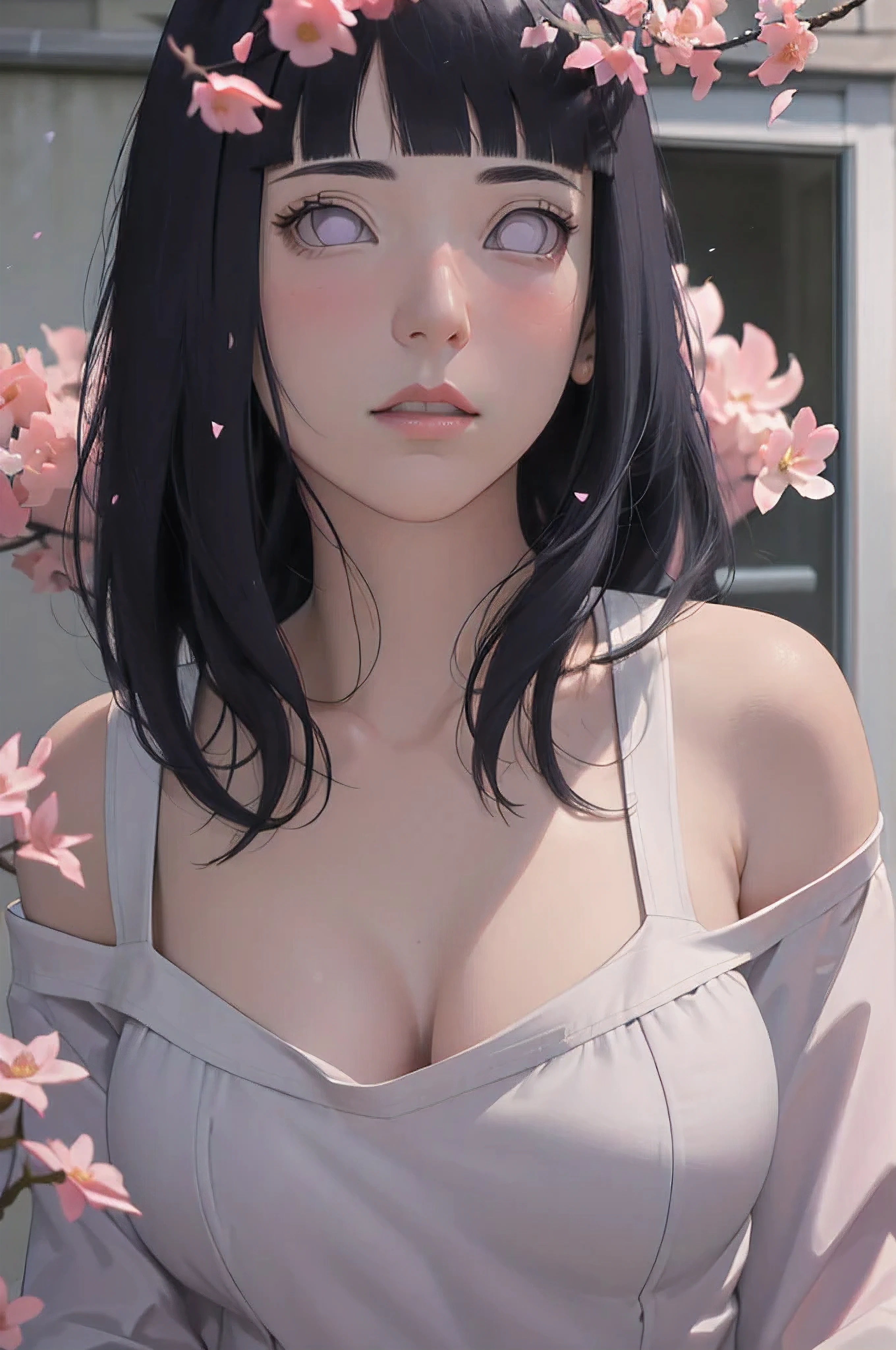 masterpiece, absurdres, hinata\(boruto\), 1girl, solo,mature female, off-shoulder oversized shirt, looking at viewer, (falling petals), perfect composition, detailed lips, big breast, beautiful face, body propotion, blush, (pink lips), long hair, purple eyes, soft gaze, super realistic, detailed, photoshoot, realistic face and body,