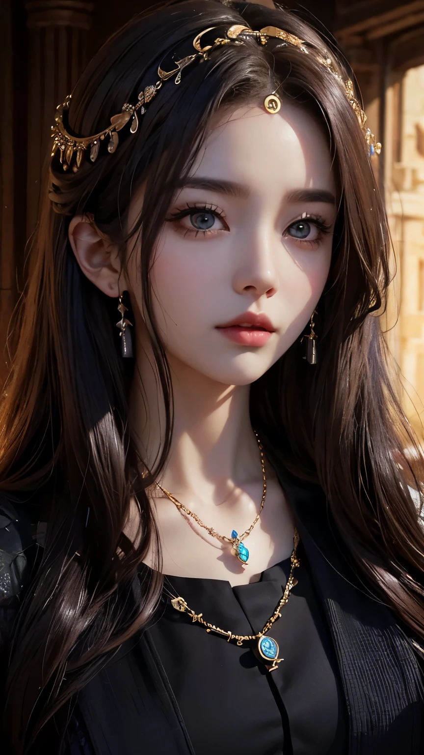 In the dark castle、Beautiful Medusa is watching you。Real Japanese、High-quality images, Cinematic Light, Ancient Greek Costume, Gorgeous Necklace, Photo image, 8k, Beautiful Face, Snake Hair