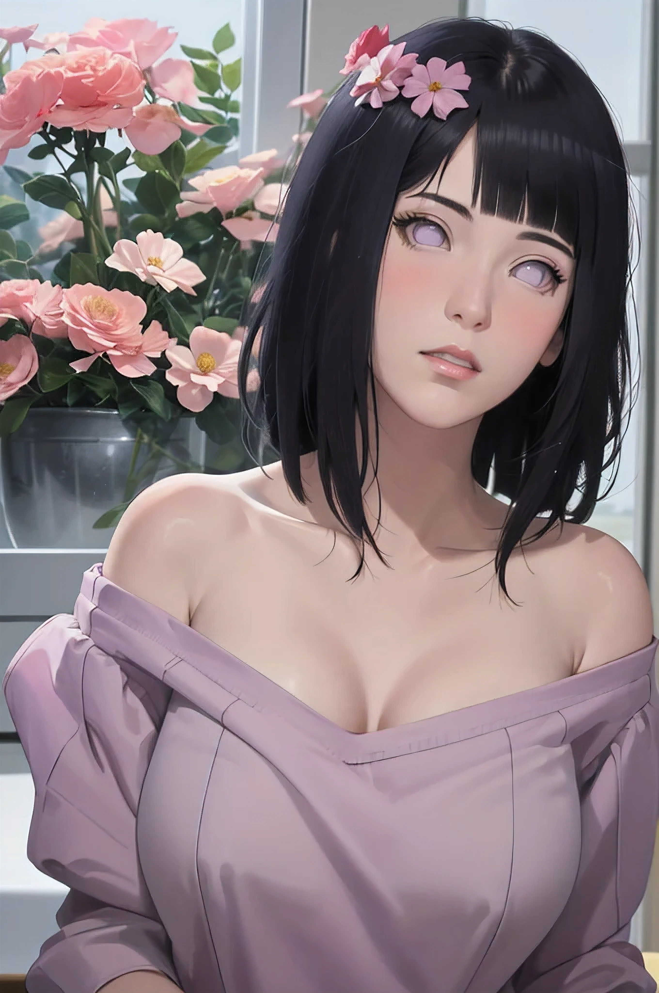 masterpiece, absurdres, hinata\(boruto\), 1girl, solo,mature female, off-shoulder oversized shirt, looking at viewer, (falling petals), perfect composition, detailed lips, big breast, beautiful face, body propotion, blush, (pink lips), long hair,  purple eyes,  soft gaze,  super realistic, detailed, photoshoot, realistic face and body,