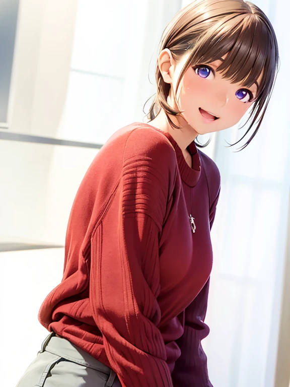 High resolution,In 8K,highest quality,detailed,Semi-realistic anime,Anime 3D Style,Smooth anime CG,One Girl,19-year-old woman in Japan,slim,Modeled,Shiny brown hair,Shortcuts,detailedな顔,Beautiful and detailed,Glowing Skin,Dark red knitwear,straggling hair,Angelic hairstyle,(Small breasts),((Deep dark blue-purple eyes)),(((Looking at the camera))),(((Open your mouth))),((Laughter))