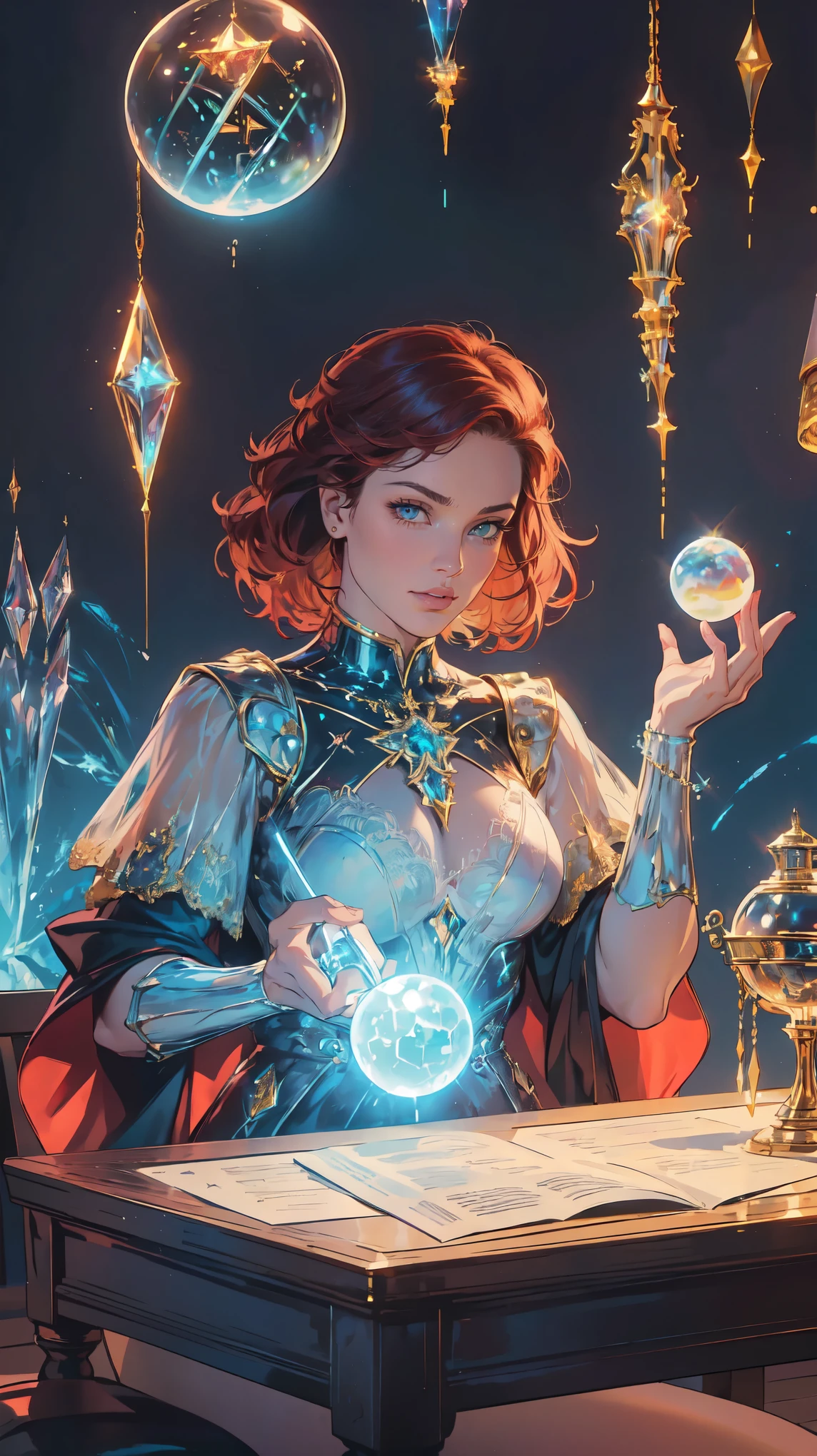 arafed, high details, best quality, 16k, [best detailed], masterpiece, best quality, (extremely detailed), a view from the rear (best details, Masterpiece, best quality), photorealistic, fantasy art, RPG art, a picture of a human mecha woman sorceress sittings in her magical lab, divining distant places in her crystal ball, epic beautiful human woman (best details, Masterpiece, best quality), ultra detailed face (best details, Masterpiece, best quality), red hair, short hair, red eyes, dynamic dress (best details, Masterpiece, best quality), magical library, with many books, and magical runes and wards, glowing arcane sigils GlowingRunes_paleblue, crystal ball (best details, Masterpiece, best quality) on table, runes on crystal balls GlowingRunes_yellow, fantasy magical library background (best details, Masterpiece, best quality), Ultra-Wide Angle, high detail, award winning, best quality, HD, 16K, 3D rendering, high details, best quality, highres, ultra wide angle, 3D rendering, [[anatomically correct]]