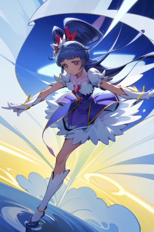 (extremely detailed CG:1.2), (masterpiece:1.2), (best quality:1.2),,((absurdres)),looking at viewer,full body, ,(1girl),solo,(long hair),(pretty cure dress),(white shirt short sleeves pretty cure),(navy_blue pleated skirt),(short skirt),dynamic angle,standing,dynamic pose,((Delicate facial features)),