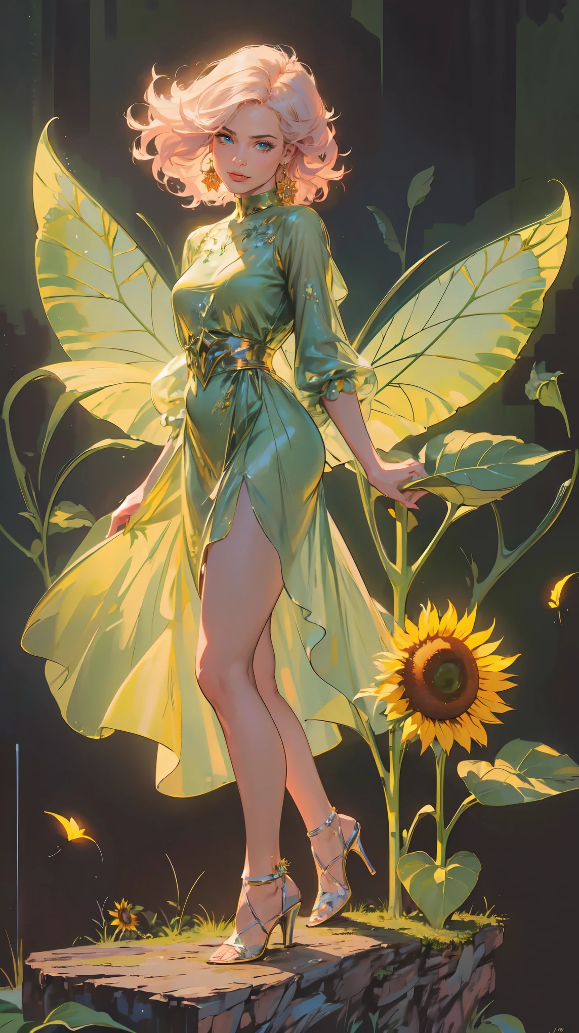 high details, best quality, 16k, RAW, [best detailed], masterpiece, best quality, (extremely detailed), GlowingRunes_red, full body, ultra wide shot, photorealistic, fantasy art, RPG art, D&D art, a picture of a fairy selling sunflowers in a florist shop, extremely beautiful fairy, ultra feminine (intense details, Masterpiece, best quality), butterfly wings (intense details, Masterpiece, best quality), blue and green wings (intense details, Masterpiece, best quality), light pink hair, long hair, shinning hair, flowing hair, shy smile, innocent smile, blue eyes, wearing bright skirt, dynamic elegant shirt, chocker, wearing high heels, in flower shop (intense details, Masterpiece, best quality), extreme many (sunflowers: 1.3) (intense details, Masterpiece, best quality), sunflower shop in a modern era street, High Detail, Ultra High Quality, High Resolution, 16K Resolution, Ultra HD Pictures, Ultra Realistic, Clear Details, Realistic Detail, Ultra High Definition