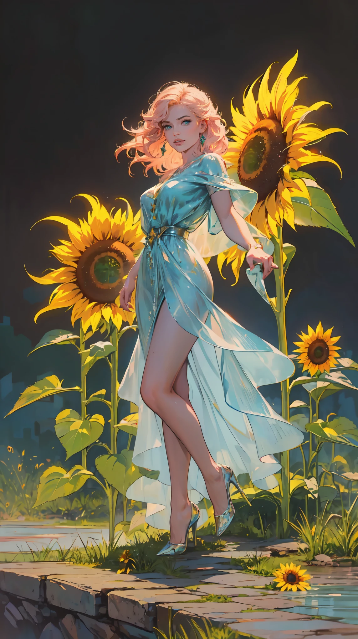 high details, best quality, 16k, RAW, [best detailed], masterpiece, best quality, (extremely detailed), GlowingRunes_red, full body, ultra wide shot, photorealistic, fantasy art, RPG art, D&D art, a picture of a fairy selling sunflowers in a florist shop, extremely beautiful fairy, ultra feminine (intense details, Masterpiece, best quality), butterfly wings (intense details, Masterpiece, best quality), blue and green wings (intense details, Masterpiece, best quality), light pink hair, long hair, shinning hair, flowing hair, shy smile, innocent smile, blue eyes, wearing bright skirt, dynamic elegant shirt, chocker, wearing high heels, in flower shop (intense details, Masterpiece, best quality), extreme many (sunflowers: 1.3) (intense details, Masterpiece, best quality), sunflower shop in a modern era street, High Detail, Ultra High Quality, High Resolution, 16K Resolution, Ultra HD Pictures, Ultra Realistic, Clear Details, Realistic Detail, Ultra High Definition