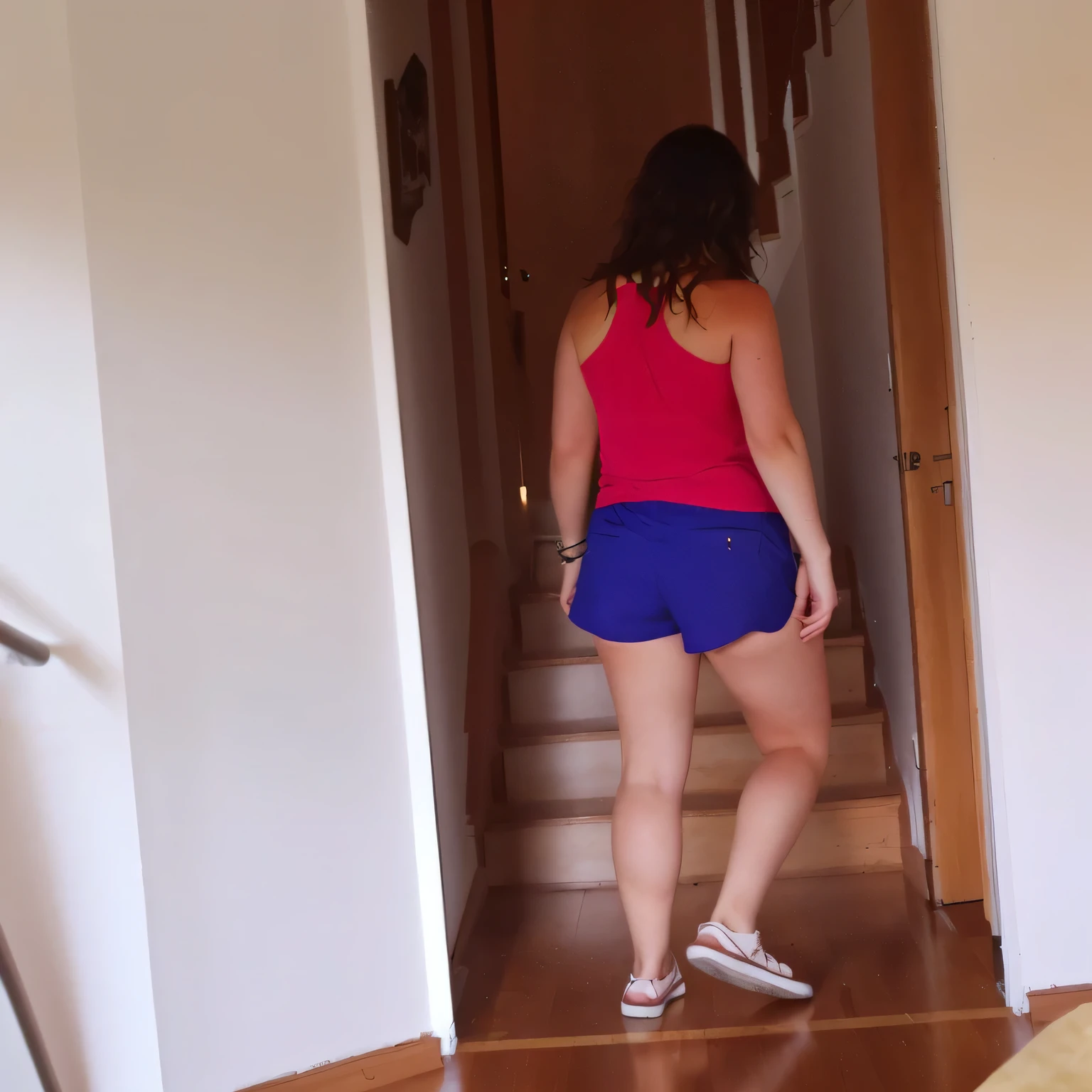 there is a woman walking down a flight of stairs in a house, side view of her taking steps, in shorts, wearing red shorts, coming down the stairs, wearing a camisole and shorts, view from the back, dressed in a top and shorts, walking away from camera, walking away from the camera, seen from the back, wearing a tank top and shorts. Sharp photo, high quality, high resolution (ultra quality masterpiece), Ultra HD, high contrast, 16K. Masterpiece: 1.3, high resolution, (photographically realistic), NUDE, NUDITY, NFSW.