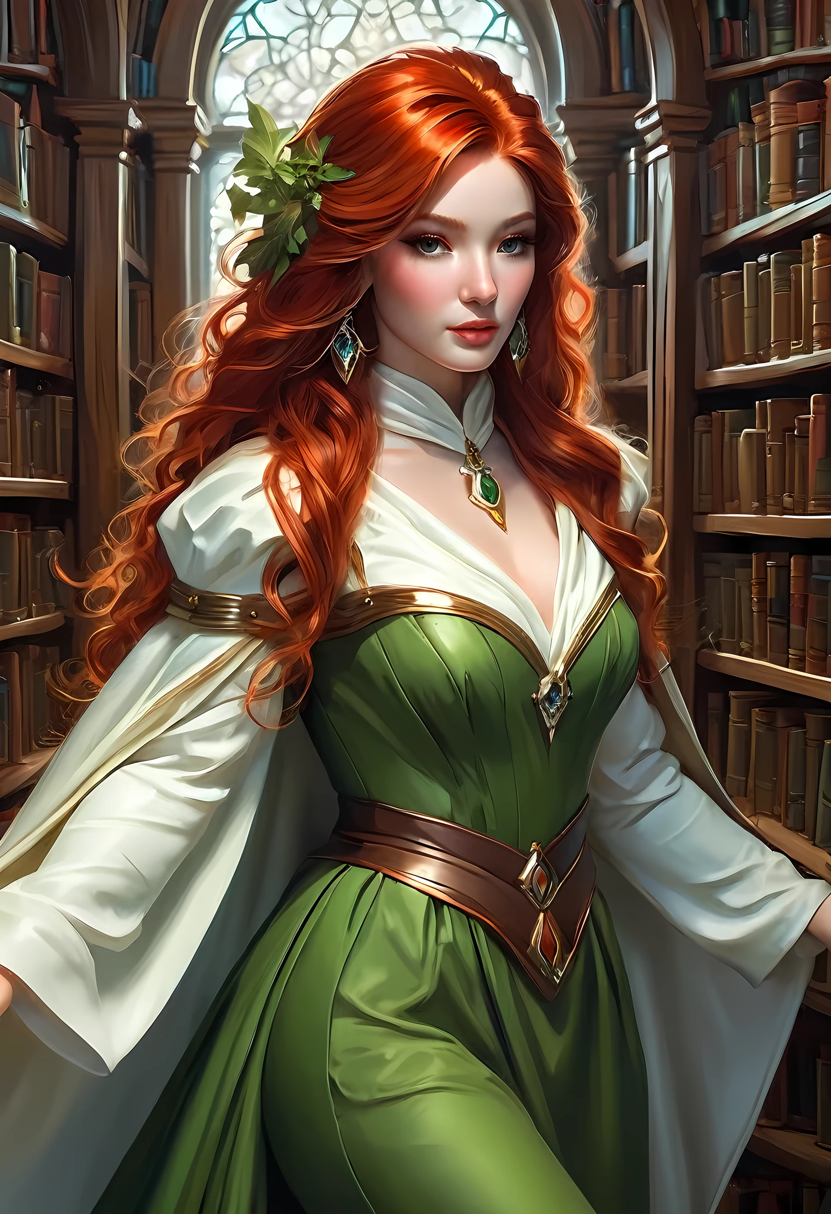 high details, best quality, 16k, [ultra detailed], masterpiece, best quality, (extremely detailed), full body, ultra wide shot, julie bell style (ultra details, Masterpiece, best quality), fantasy art, dnd art,fantasy art, realistic art, a sorceress casting a DruidMagicAI spell in magical library (ultra details, Masterpiece, best quality), exquisite beautiful human woman (ultra details, Masterpiece, best quality), red hair, long hair, (long green dress: 1.2), (white cloak: 1.3), high heeled boots (ultra details, Masterpiece, best quality) DruidMagicAI