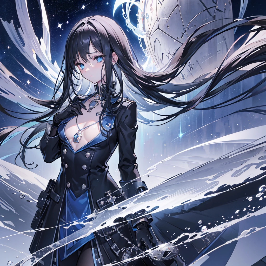((high resolution Black Hair Long Hair Dull blue eyes uniform Lonely despair)) ((chest necklace Tears gloves)) (New York at Night Distorted Space-Time star moon) Catch the wind Light