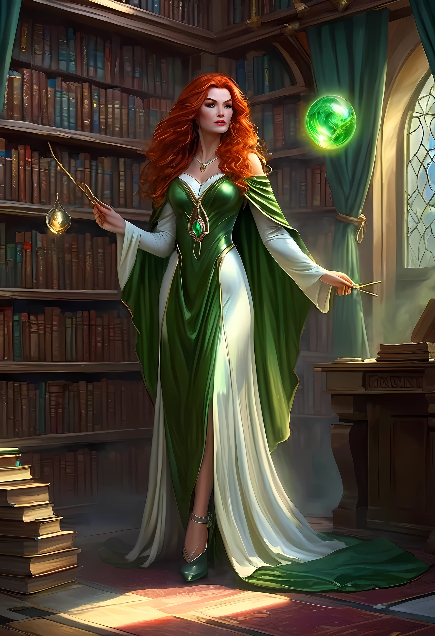 high details, best quality, 16k, [ultra detailed], masterpiece, best quality, (extremely detailed), full body, ultra wide shot, julie bell style (ultra details, Masterpiece, best quality), fantasy art, dnd art,fantasy art, realistic art, a sorceress casting a DruidMagicAI spell in magical library (ultra details, Masterpiece, best quality), exquisite beautiful human woman (ultra details, Masterpiece, best quality), red hair, long hair, (long green dress: 1.2), (white cloak: 1.3), high heeled boots (ultra details, Masterpiece, best quality) DruidMagicAI