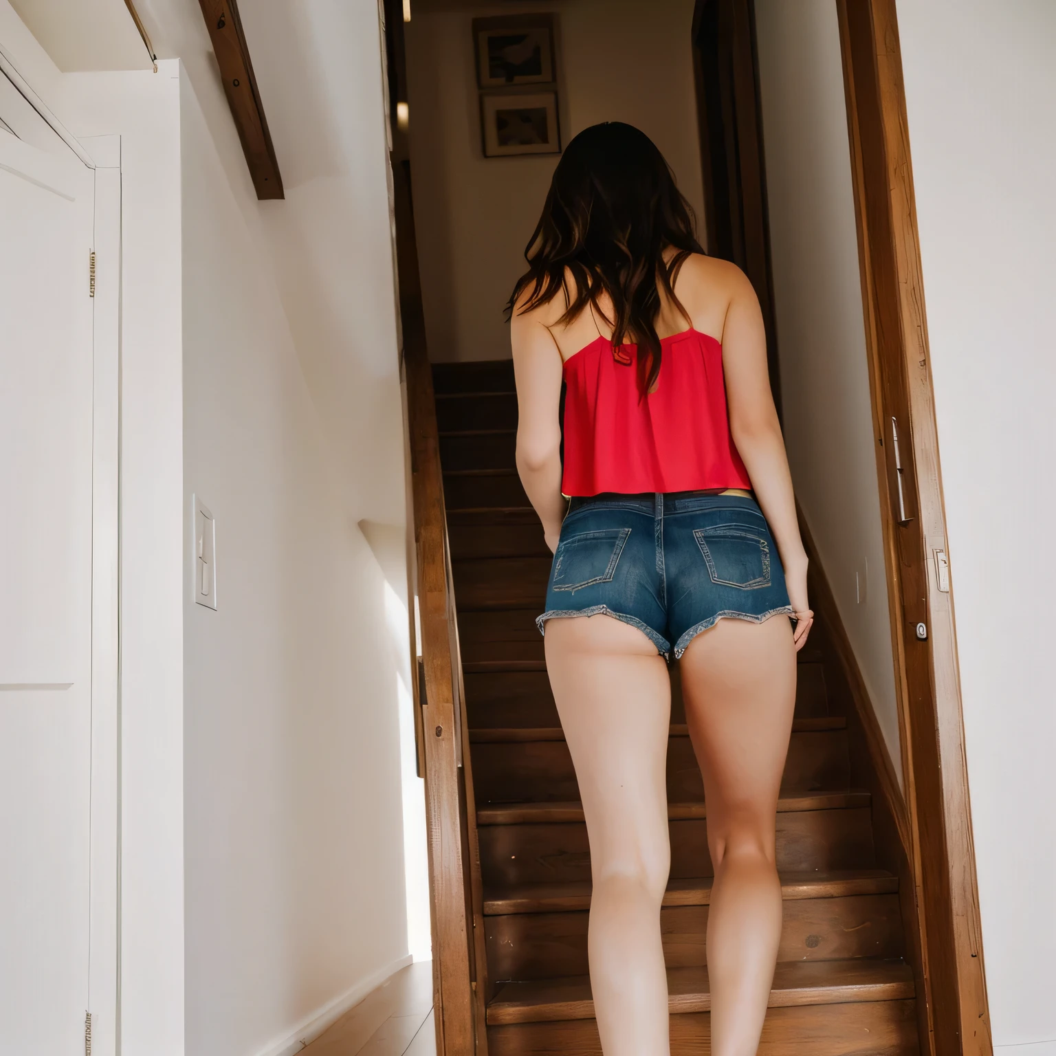 there is a woman walking down a flight of stairs in a house, side view of her taking steps, in shorts, wearing red shorts, coming down the stairs, wearing a camisole and shorts, view from the back, dressed in a top and shorts, walking away from camera, walking away from the camera, seen from the back, wearing a tank top and shorts. Sharp photo, high quality, high resolution (ultra quality masterpiece), Ultra HD, high contrast, 16K. Masterpiece: 1.3, high resolution, (photographically realistic), NUDE, NUDITY, NFSW.