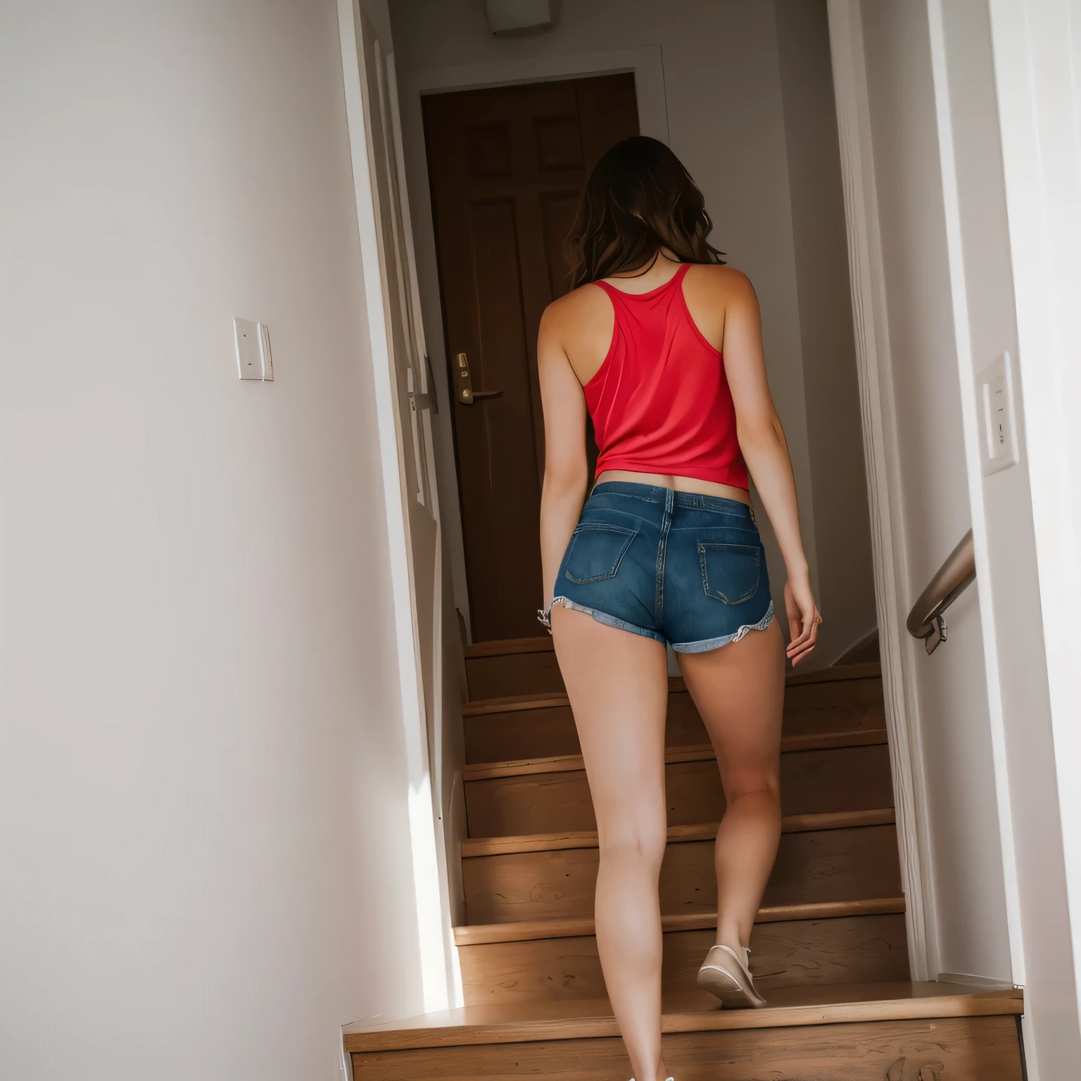 there is a woman walking down a flight of stairs in a house, side view of her taking steps, in shorts, wearing red shorts, coming down the stairs, wearing a camisole and shorts, view from the back, dressed in a top and shorts, walking away from camera, walking away from the camera, seen from the back, wearing a tank top and shorts. Sharp photo, high quality, high resolution (ultra quality masterpiece), Ultra HD, high contrast, 16K. Masterpiece: 1.3, high resolution, (photographically realistic), NUDE, NUDITY, NFSW.